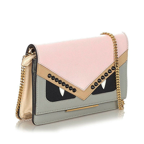 フェンディ モンスター 8M0346 ライトピンク ライトグレー レザー ウォレットチェーン レディース FENDI 【中古】