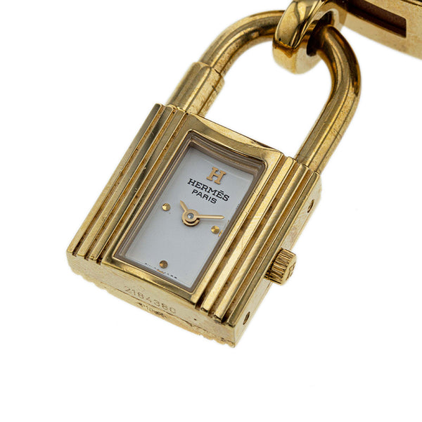 エルメス ケリーウォッチ ドゥブルトゥール  ゴールド ブラウン メッキ レザー 腕時計 レディース HERMES □I刻印 クオーツ ホワイト文字盤 【中古】
