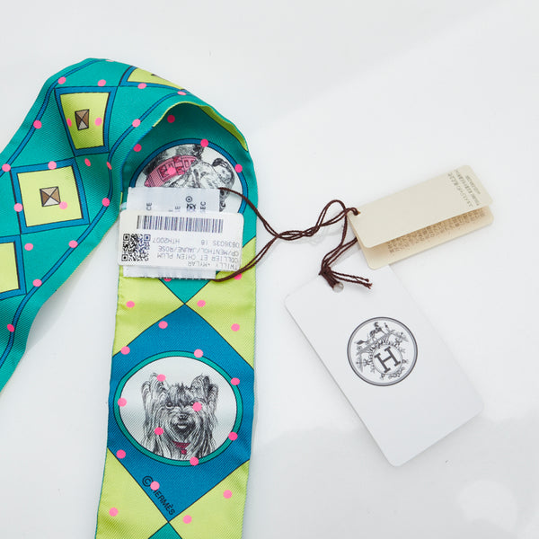 エルメス COLLIER ET CHIENS 首輪と犬 ツイリー スカーフ 063603S グリーン ブルー マルチカラー シルク レディース HERMES 【中古】