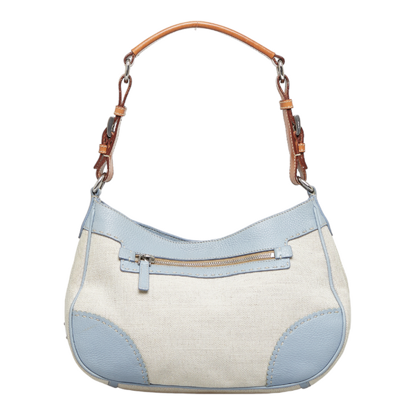 プラダ ワンショルダーバッグ ハンドバッグ ブルー ホワイト キャンバス レザー レディース PRADA 【中古】
