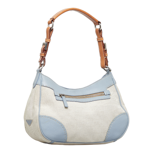 プラダ ワンショルダーバッグ ハンドバッグ ブルー ホワイト キャンバス レザー レディース PRADA 【中古】