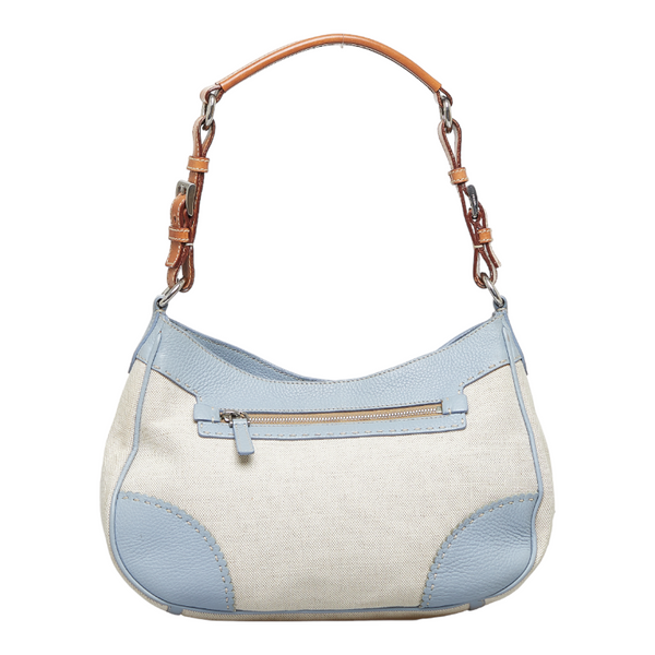 プラダ ワンショルダーバッグ ハンドバッグ ブルー ホワイト キャンバス レザー レディース PRADA 【中古】