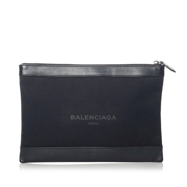 バレンシアガ ネイビー クリップ M クラッチバッグ 373834 ブラック キャンバス レザー メンズ BALENCIAGA 【中古】