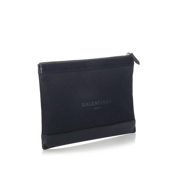 バレンシアガ ネイビー クリップ M クラッチバッグ 373834 ブラック キャンバス レザー メンズ BALENCIAGA 【中古】