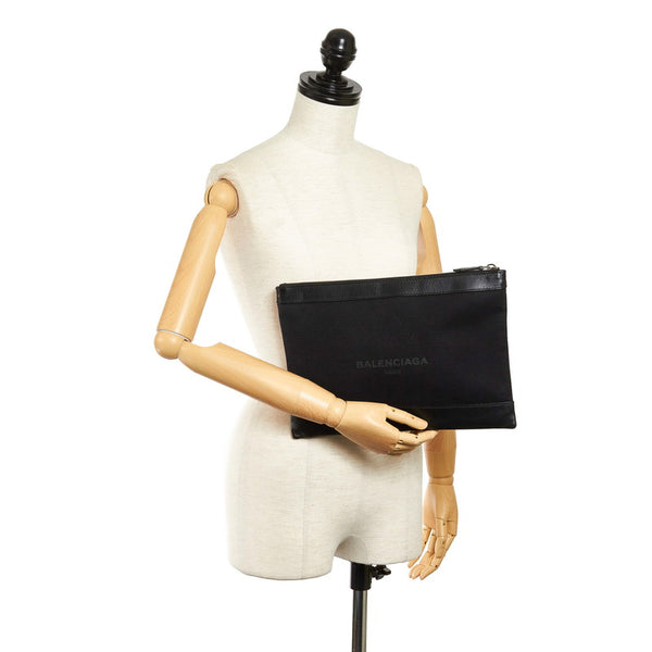 バレンシアガ ネイビー クリップ M クラッチバッグ 373834 ブラック キャンバス レザー メンズ BALENCIAGA 【中古】
