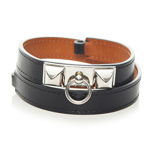 エルメス リヴァル ドゥブルトゥール ブレスレット ブラック シルバー レザー メタル レディース HERMES 【中古】