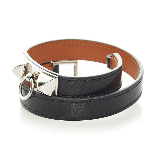 エルメス リヴァル ドゥブルトゥール ブレスレット ブラック シルバー レザー メタル レディース HERMES 【中古】