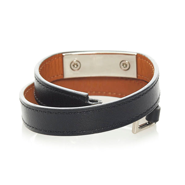 エルメス リヴァル ドゥブルトゥール ブレスレット ブラック シルバー レザー メタル レディース HERMES 【中古】