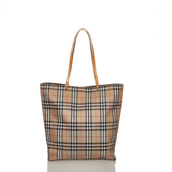 バーバリー チェック ベージュ ナイロン レザー トートバッグ レディース BURBERRY 【中古】