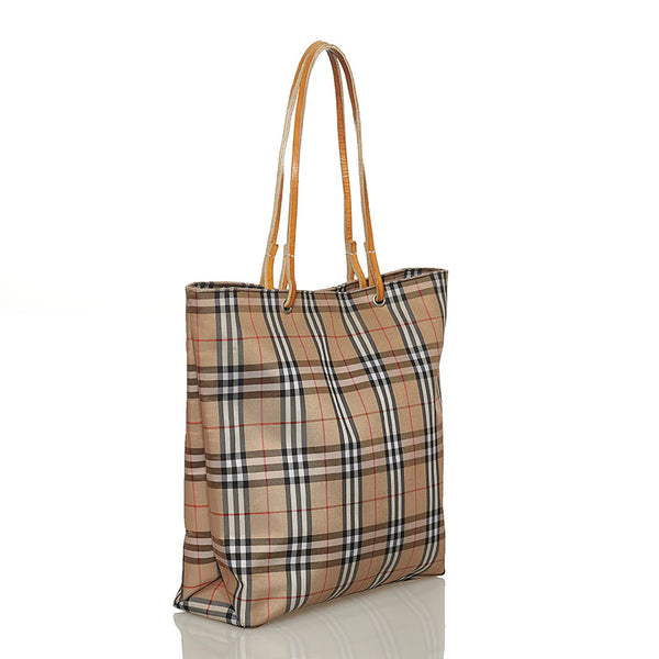 バーバリー チェック ベージュ ナイロン レザー トートバッグ レディース BURBERRY 【中古】