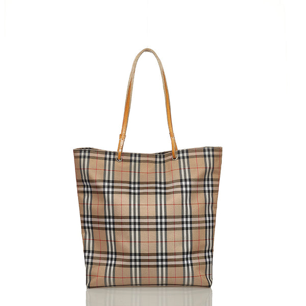 バーバリー チェック ベージュ ナイロン レザー トートバッグ レディース BURBERRY 【中古】