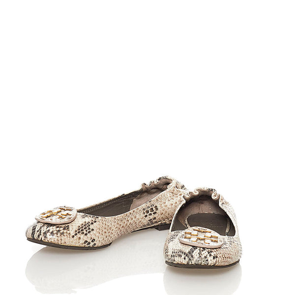 トリーバーチ パイソン型押し バレエシューズ フラット パンプス ベージュ レザー レディース Tory Burch 【中古】