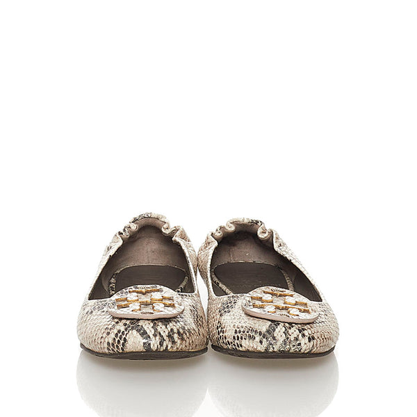 トリーバーチ パイソン型押し バレエシューズ フラット パンプス ベージュ レザー レディース Tory Burch 【中古】