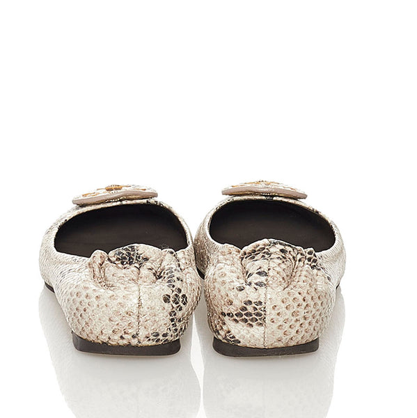 トリーバーチ パイソン型押し バレエシューズ フラット パンプス ベージュ レザー レディース Tory Burch 【中古】