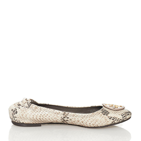 トリーバーチ パイソン型押し バレエシューズ フラット パンプス ベージュ レザー レディース Tory Burch 【中古】