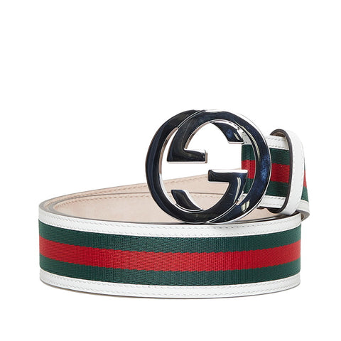 グッチ インターロッキングG シェリーライン 90 36 ベルト 480199 ホワイト シルバー レザー キャンバス メンズ GUCCI 【中古】