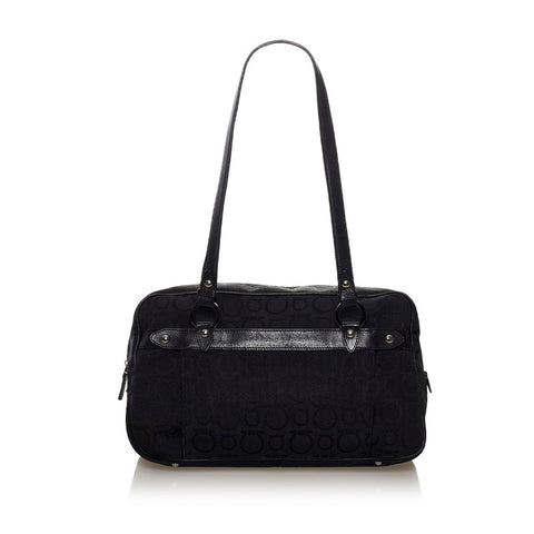 サルヴァトーレフェラガモ ガンチーニ ハンドバッグ AU-21 6917 ブラック キャンバス レザー レディース Salvatore Ferragamo 【中古】