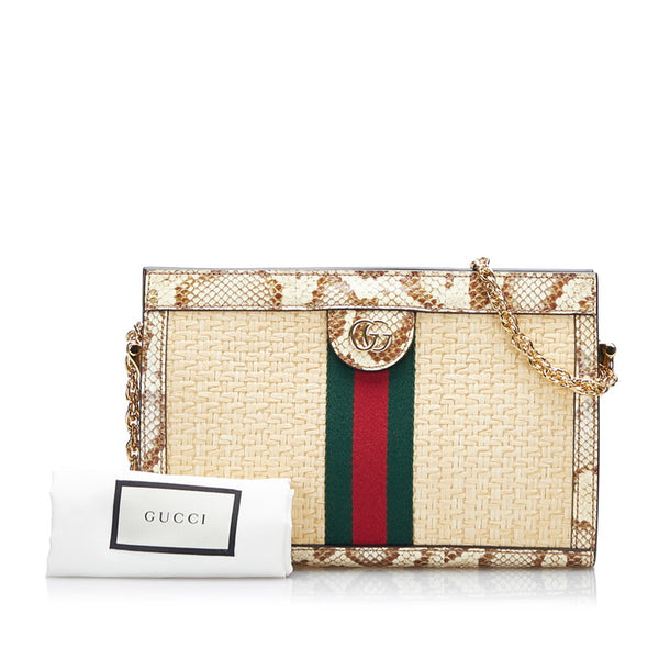 グッチ オフィディア シェリーライン チェーン 斜め掛け ショルダーバッグ 503877 ベージュ アイボリー ラフィア パイソン レディース GUCCI 【中古】