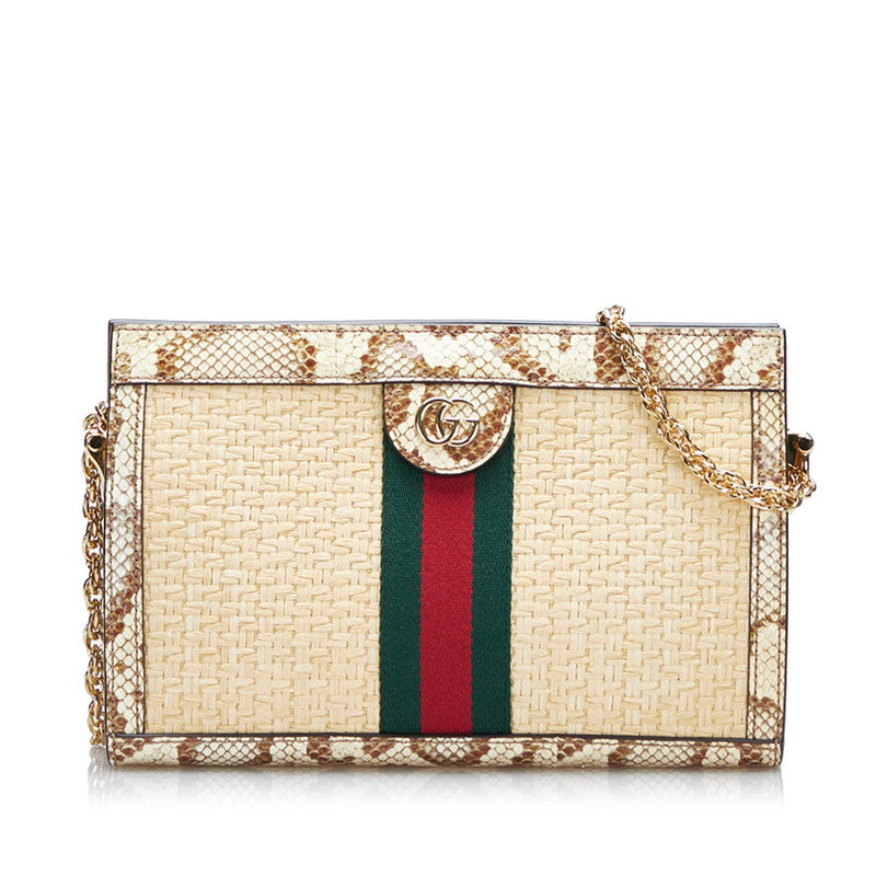 グッチ オフィディア シェリーライン チェーン 斜め掛け ショルダーバッグ 503877 ベージュ アイボリー ラフィア パイソン レディース GUCCI 【中古】