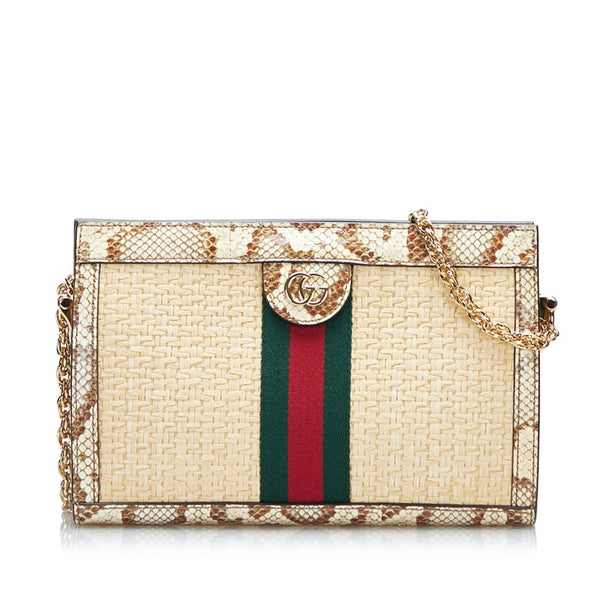 グッチ オフィディア シェリーライン チェーン 斜め掛け ショルダーバッグ 503877 ベージュ アイボリー ラフィア パイソン レディース GUCCI 【中古】