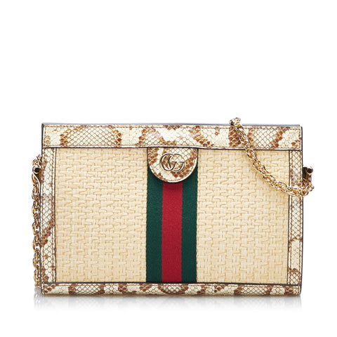 グッチ オフィディア シェリーライン チェーン 斜め掛け ショルダーバッグ 503877 ベージュ アイボリー ラフィア パイソン レディース GUCCI 【中古】