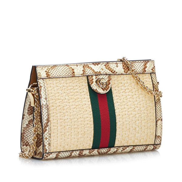 グッチ オフィディア シェリーライン チェーン 斜め掛け ショルダーバッグ 503877 ベージュ アイボリー ラフィア パイソン レディース GUCCI 【中古】
