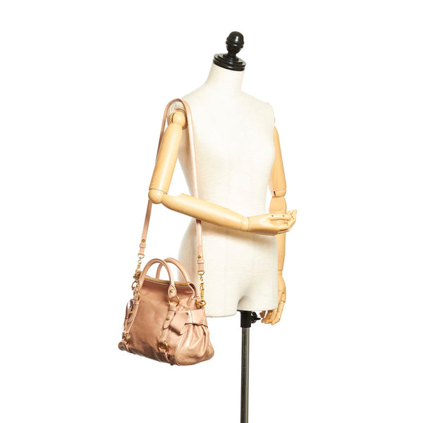 ミュウミュウ リボン ハンドバッグ ショルダーバッグ 2WAY ベージュ ピンク レザー レディース MIUMIU 【中古】