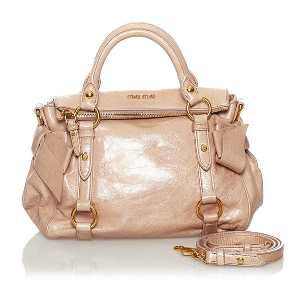 ミュウミュウ リボン ハンドバッグ ショルダーバッグ 2WAY ベージュ ピンク レザー レディース MIUMIU 【中古】