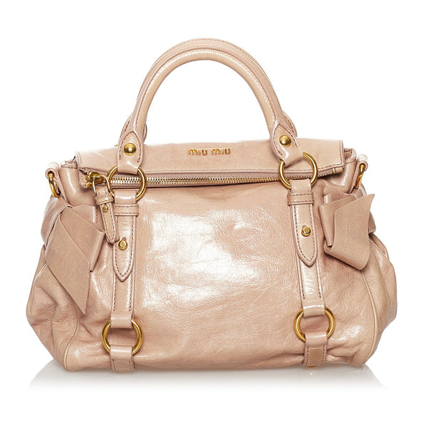 ミュウミュウ リボン ハンドバッグ ショルダーバッグ 2WAY ベージュ ピンク レザー レディース MIUMIU 【中古】