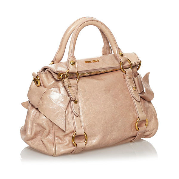 ミュウミュウ リボン ハンドバッグ ショルダーバッグ 2WAY ベージュ ピンク レザー レディース MIUMIU 【中古】