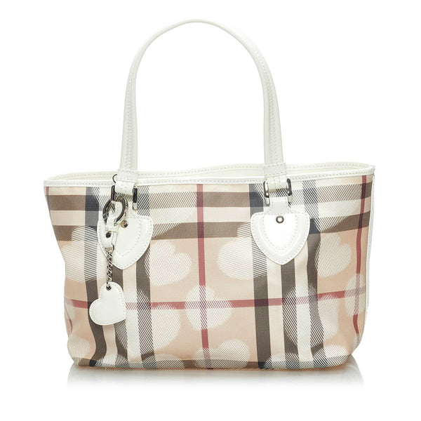バーバリー ノバチェック ハート柄 ハンドバッグ ベージュ ホワイト PVC レザー レディース BURBERRY 【中古】