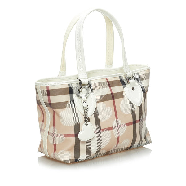 バーバリー ノバチェック ハート柄 ハンドバッグ ベージュ ホワイト PVC レザー レディース BURBERRY 【中古】