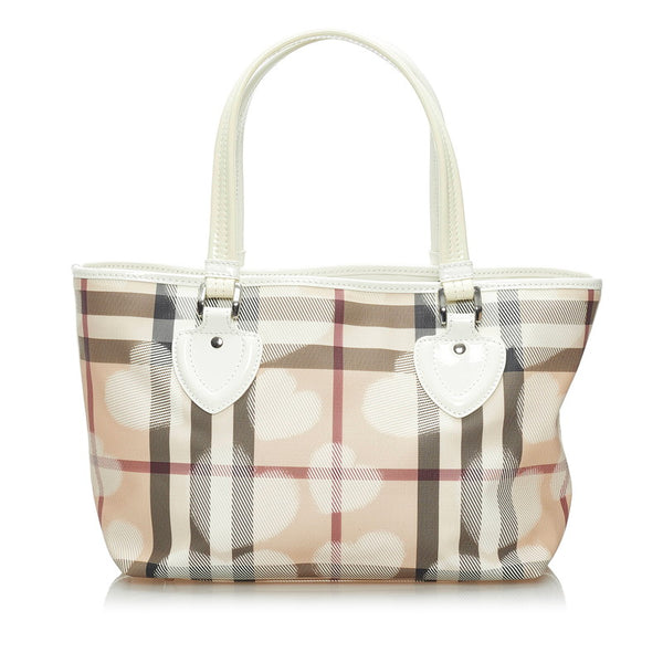 バーバリー ノバチェック ハート柄 ハンドバッグ ベージュ ホワイト PVC レザー レディース BURBERRY 【中古】