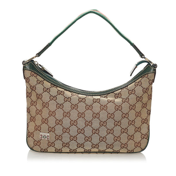 グッチ GGキャンバス シェリーライン ハンドバッグ 145812 ベージュ グリーン キャンバス レザー レディース GUCCI 【中古】