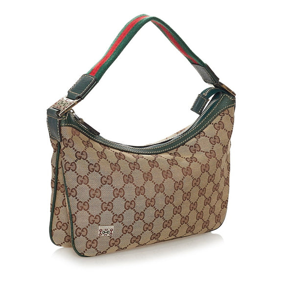 グッチ GGキャンバス シェリーライン ハンドバッグ 145812 ベージュ グリーン キャンバス レザー レディース GUCCI 【中古】