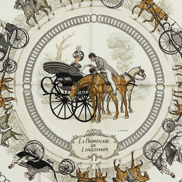 エルメス カレ90 LA PROMENADE DE LONGCHAMPS ロンシャンへの散歩 スカーフ ブラック マルチカラー シルク レディース HERMES 【中古】