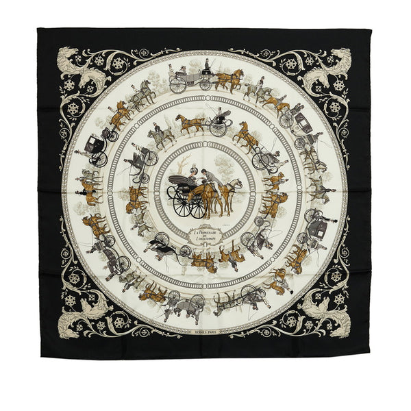 エルメス カレ90 LA PROMENADE DE LONGCHAMPS ロンシャンへの散歩 スカーフ ブラック マルチカラー シルク レディース HERMES 【中古】