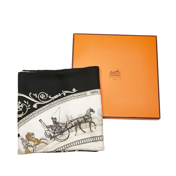 エルメス カレ90 LA PROMENADE DE LONGCHAMPS ロンシャンへの散歩 スカーフ ブラック マルチカラー シルク レディース HERMES 【中古】