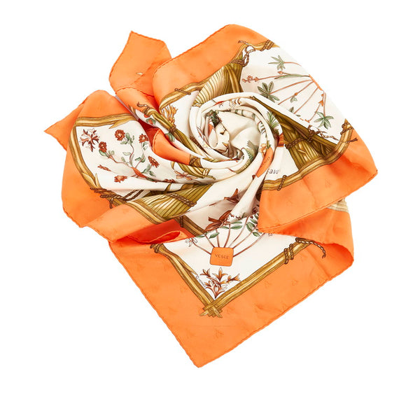 エルメス カレ90 Herbier de Gavarnie ガヴァルニー圏谷の押し花 スカーフ オレンジ ホワイト マルチカラー シルク レディース HERMES 【中古】