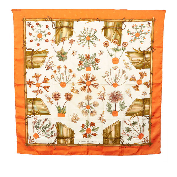 エルメス カレ90 Herbier de Gavarnie ガヴァルニー圏谷の押し花 スカーフ オレンジ ホワイト マルチカラー シルク レディース HERMES 【中古】
