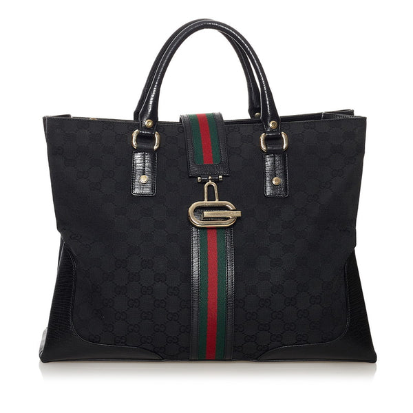 グッチ GGキャンバス シェリーライン トートバッグ 130994 ブラック キャンバス レザー レディース GUCCI 【中古】