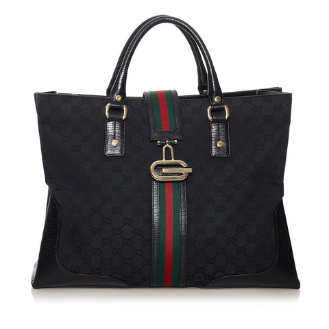 グッチ GGキャンバス シェリーライン トートバッグ 130994 ブラック キャンバス レザー レディース GUCCI 【中古】