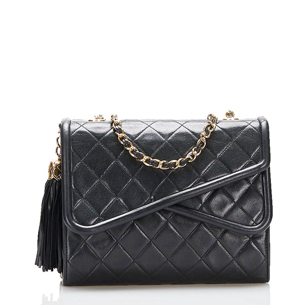 シャネル マトラッセ フリンジ ココマーク ヴィンテージ チェーン ショルダーバッグ ブラック ラムスキン レディース CHANEL 【中古】