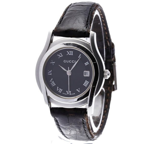 グッチ 5500L シルバー ブラック ステンレススチール レザー 腕時計 レディース GUCCI クオーツ ブラック文字盤 【中古】