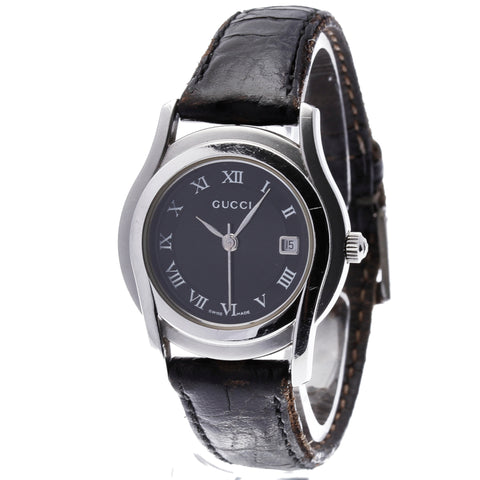 グッチ 5500L シルバー ブラック ステンレススチール レザー 腕時計 レディース GUCCI クオーツ ブラック文字盤 【中古】
