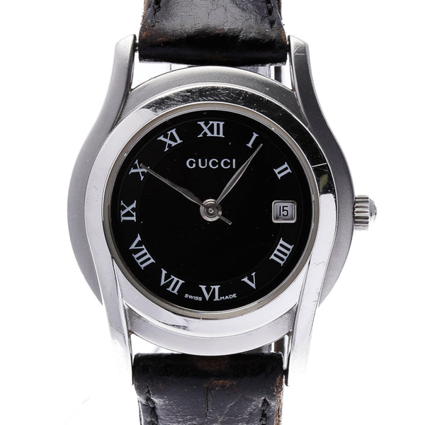 グッチ 5500L シルバー ブラック ステンレススチール レザー 腕時計 レディース GUCCI クオーツ ブラック文字盤 【中古】