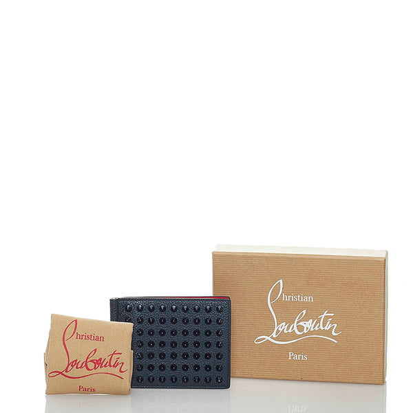 クリスチャンルブタン スパイクスタッズ パネトーネ マネークリップ ネイビー レザー 二つ折り財布 メンズ Christian Louboutin 【中古】