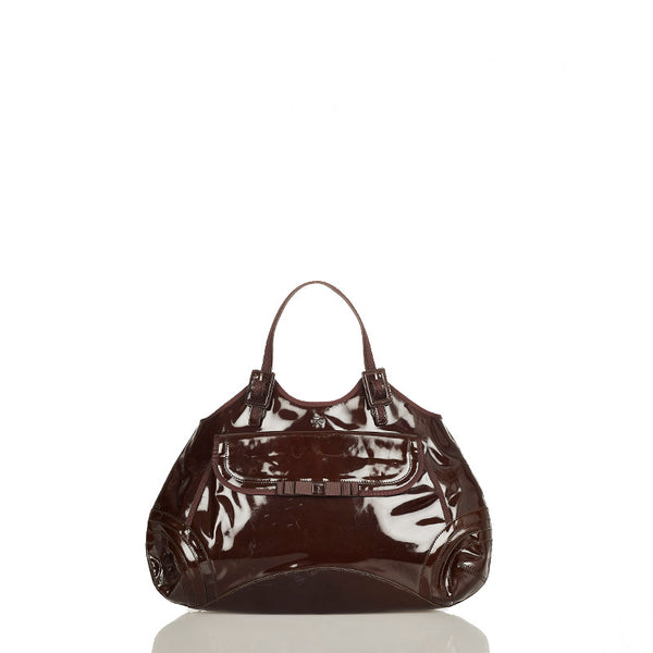アニヤ ハインドマーチ リボン ハンドバッグ チョコレートブラウン エナメル レザー レディース Anya Hindmarch 【中古】