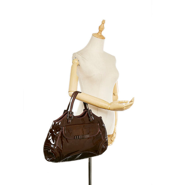 アニヤ ハインドマーチ リボン ハンドバッグ チョコレートブラウン エナメル レザー レディース Anya Hindmarch 【中古】
