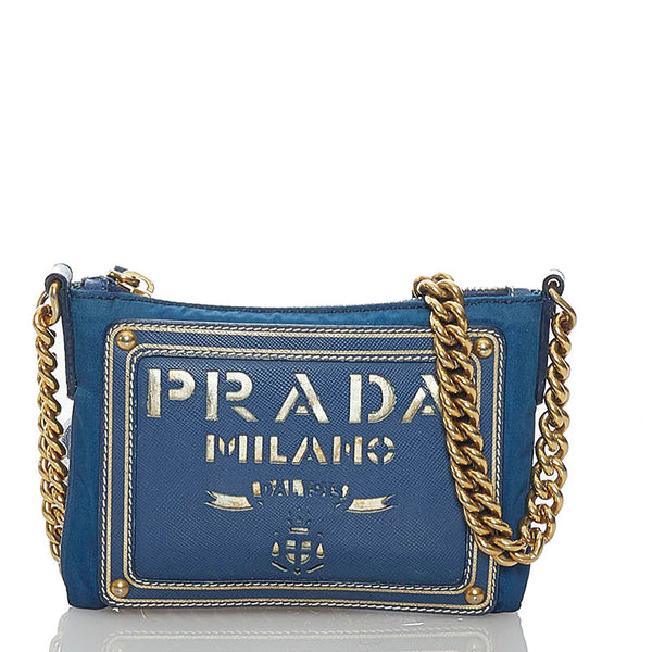 プラダ チェーン ショルダーバッグ ブルー ナイロン レザー レディース PRADA 【中古】